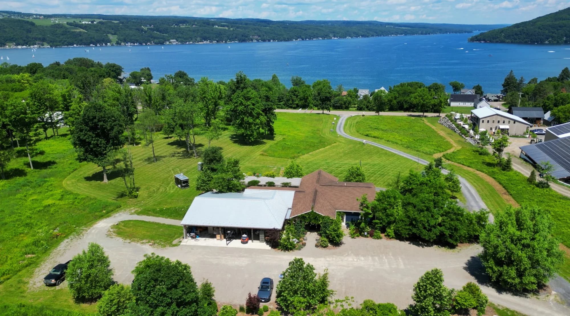 Aerial view of Domaine LeSeurre Winery overlooking Keuka Lake